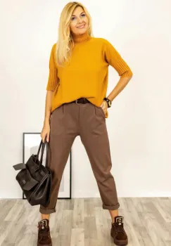 Pulover versatil cu maneci scurte ribbed si guler inalt, din vascoza, galben mustar imagine