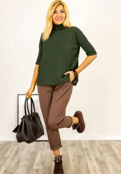 Pulover versatil cu maneci scurte ribbed si guler inalt, din vascoza, kaki imagine