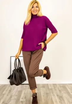 Pulover versatil cu maneci scurte ribbed si guler inalt, din vascoza, magenta imagine