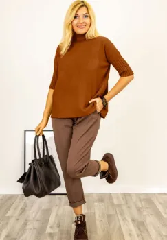 Pulover versatil cu maneci scurte ribbed si guler inalt, din vascoza, maro roscat imagine