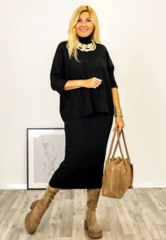 Pulover versatil cu maneci scurte ribbed si guler inalt, din vascoza, negru imagine