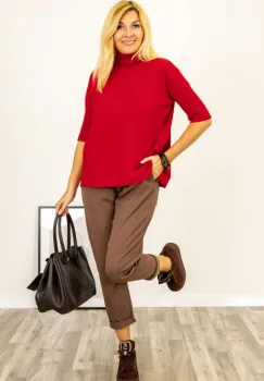 Pulover versatil cu maneci scurte ribbed si guler inalt, din vascoza, rosu imagine