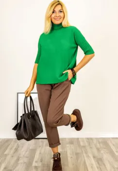 Pulover versatil cu maneci scurte ribbed si guler inalt, din vascoza, verde imagine