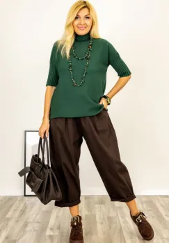 Pulover versatil cu maneci scurte ribbed si guler inalt, din vascoza, verde inchis imagine