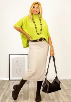 Pulover versatil cu maneci scurte ribbed si guler inalt, din vascoza, verde lime imagine