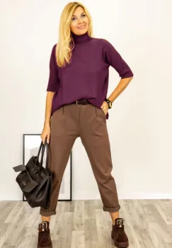 Pulover versatil cu maneci scurte ribbed si guler inalt, din vascoza, visiniu imagine