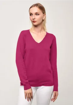 Puloveras cu decolteu in V, din tricotaj fin, fucsia imagine
