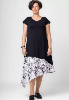 Rochie A-line cu colt alb-negru marmorat, din jerseu de bumbac imagine