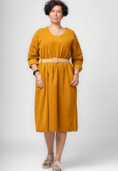 Rochie A-line din catifea reiata, cu curea, mustar imagine