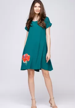 Rochie A line din crep de vascoza verde, cu imprimeu maci stilizati imagine