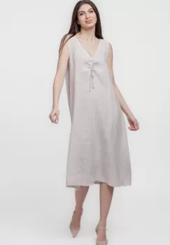 Rochie A-line din in, fara maneci, cu siret pe bust, bej imagine