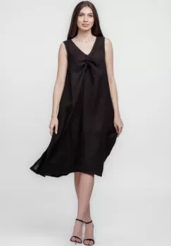 Rochie A-line din in, fara maneci, cu siret pe bust, neagra imagine