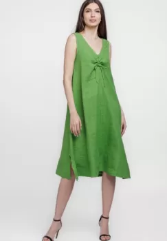 Rochie A-line din in, fara maneci, cu siret pe bust, verde olive imagine