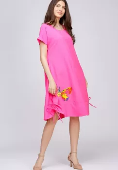 Rochie A line din in mercerizat, fucsia, cu sireturi laterale si imprimeu fluture stilizat imagine
