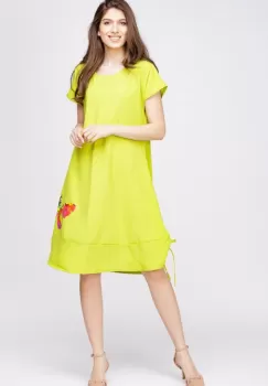 Rochie A line din in mercerizat, galben lime, cu sireturi laterale si imprimeu fluture stilizat imagine