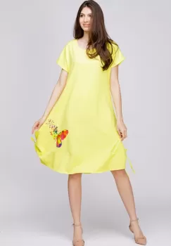 Rochie A line din in mercerizat, galbena, cu sireturi laterale si imprimeu fluture stilizat imagine