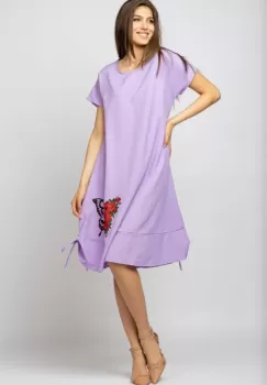 Rochie A line din in mercerizat, lila, cu sireturi laterale si imprimeu fluture cu flori imagine