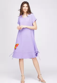 Rochie A line din in mercerizat, lila, cu sireturi laterale si imprimeu fluture stilizat imagine