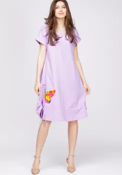 Rochie A line din in mercerizat, mov deschis, cu sireturi laterale si imprimeu fluture stilizat imagine