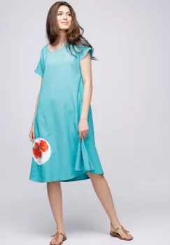 Rochie A line din in mercerizat turcoaz, cu aplicatie maci stilizati imagine