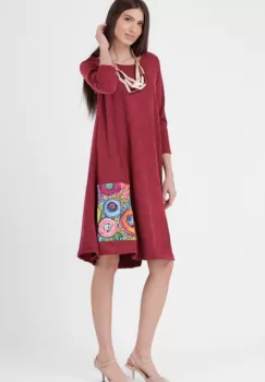 Rochie A line , din material catifelat, bordo, cu aplicatie color imagine