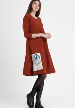 Rochie A line , din material catifelat, caramizie, cu aplicatie color imagine