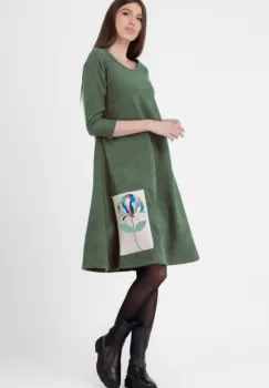 Rochie A line , din material catifelat, kaki, cu aplicatie color imagine