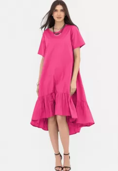 Rochie A-line din poplin, asimetrica, cu volan la baza, fucsia imagine