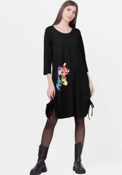 Rochie A line , din tricot, cu sireturi laterale, neagra cu imprimeu flori stilizate imagine