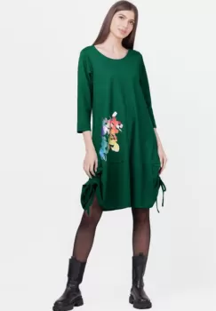 Rochie A line , din tricot, cu sireturi laterale, verde cu imprimeu flori stilizate imagine