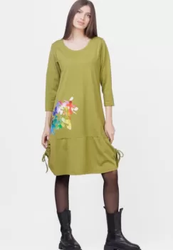 Rochie A line , din tricot, cu sireturi laterale, verde olive cu imprimeu flori stilizate imagine
