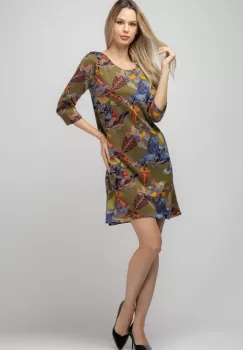 Rochie A line , fundal verde si imprimeu frunze, din vascoza imagine