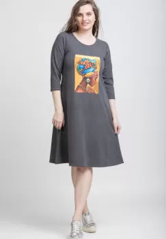 Rochie A line gri din tricot, cu panou Fata Africana imagine