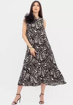 Rochie A-line, lunga, animal print alb-negru imagine