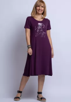 Rochie A line midi, bordo din tricot cu imprimeu chip de fata imagine