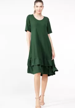 Rochie A line midi, cu doua volane poale, din vascoza verde imagine