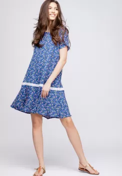 Rochie A line midi, cu imprimeu floricele pe fond albastru imagine