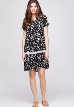 Rochie A line midi, cu imprimeu floricele pe fond negru imagine