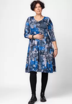 Rochie A line midi, din jerseu de vascoza, cu imprimeu albastru-gri imagine