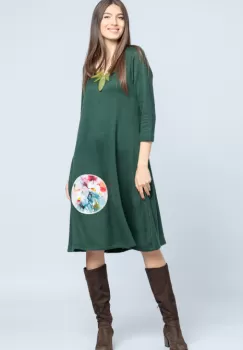 Rochie A line midi, din jerseu moale cu aplicatie flori, verde inchis imagine