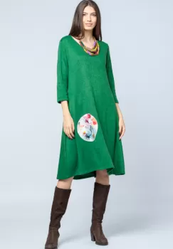 Rochie A line midi, din jerseu moale cu aplicatie flori, verde smarald imagine