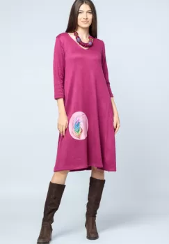 Rochie A line midi, din jerseu moale cu aplicatie pana, mov zmeura imagine