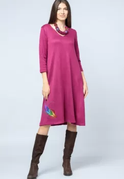 Rochie A line midi, din jerseu moale cu imprimeu lateral pana, mov zmeura imagine