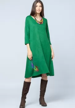 Rochie A line midi, din jerseu moale cu imprimeu lateral pana, verde imagine