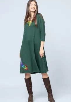 Rochie A line midi, din jerseu moale cu imprimeu lateral pana, verde inchis imagine