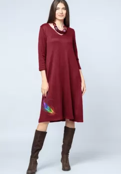Rochie A line midi, din jerseu moale cu imprimeu pana, bordo imagine
