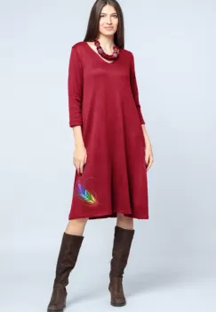 Rochie A line midi, din jerseu moale cu imprimeu pana, rosu inchis imagine