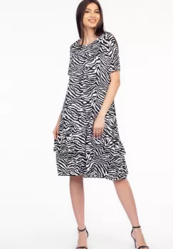 Rochie A line midi, din vascoza cu imprimeu animal print alb-negru si doua volane poale imagine