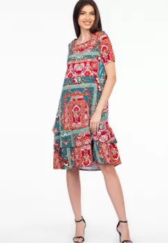 Rochie A line midi, din vascoza cu imprimeu aztec si doua volane poale imagine