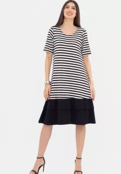 Rochie A line midi, din vascoza, cu imprimeu dungi alb-bleumarin si volan uni la poale imagine